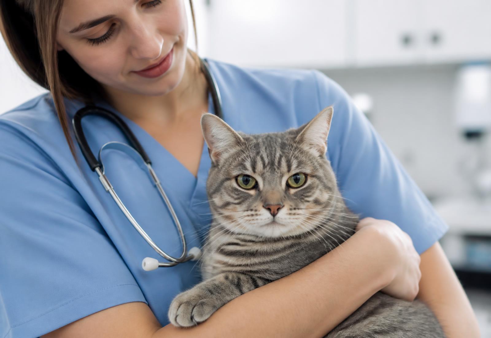 Profissional de veterinária a segurar um gato ao colo