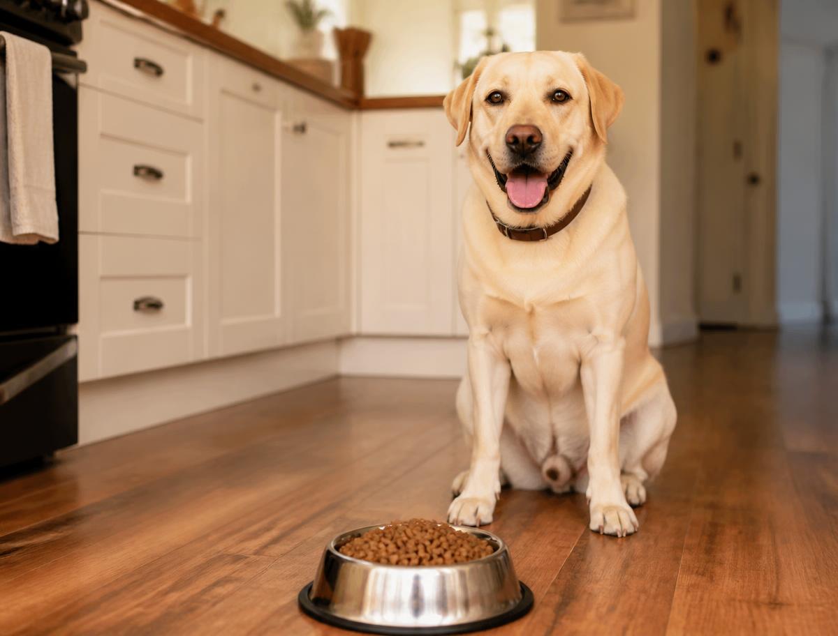 Cão junto a uma taça de ração