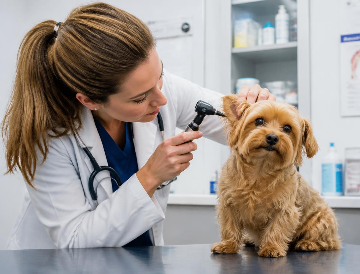 Veterinária a observar o ouvido de um cão com um otoscópio